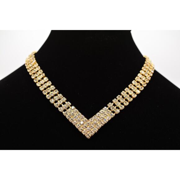 Vintage Crystal Necklace Collar Rhinestone Gold Chunky Sparkling 1980s Bin6B - Picture 1 of 12
